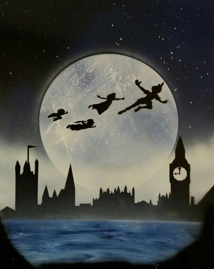 the silhouettes of two people flying in front of a full moon and clock tower