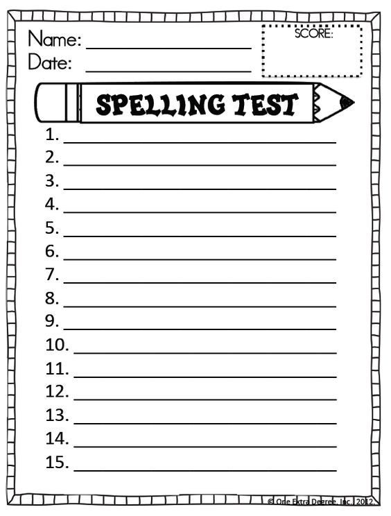 a spelling test sheet with the words spelling test written on it and an arrow pointing up to