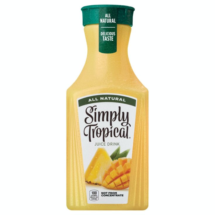 a bottle of simply tropical juice on a white background