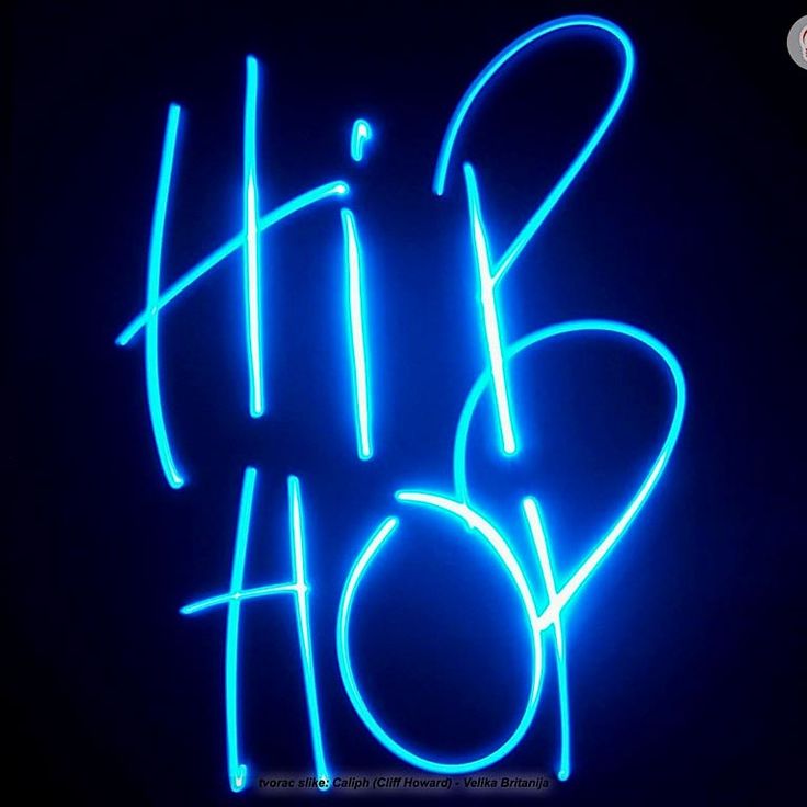 the word hip hop written in neon blue on a black background with an arrow pointing to it