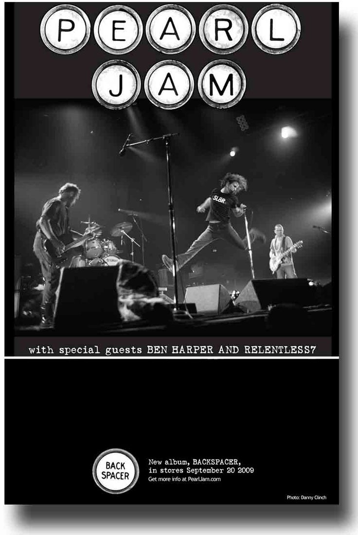 the pearl jam concert poster is shown in black and white, with an image of two men on stage