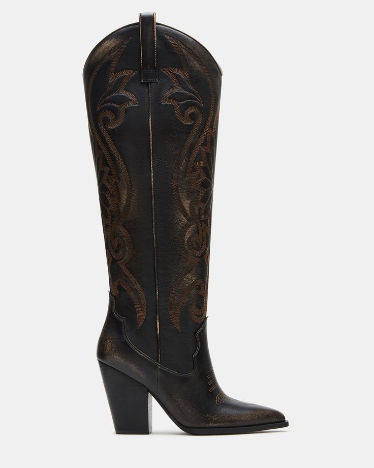 A Western boot is a requirement for any wardrobe and we’re obsessed with LASSO. This knee-high pair features whipstitching detail and a towering block heel. 3.75 inch heel height Size 6 measurements: 17 inch shaft circumference, 13.5 inch shaft height Size 8 measurements: 18 inch shaft circumference, 14.25 inch shaft height Size 10 measurements: 19 inch shaft circumference, 15 inch shaft height Leather upper material Textile and synthetic lining Synthetic sock Synthetic sole Imported Wide Calf Boots For Women, Chic Black Outfits, Denim Short Jumpsuit, Chic Sweatshirt, Outfits Retro, Elegant Gothic, Half Sleeve Tops, Western Boots Women, Shoe Inspo