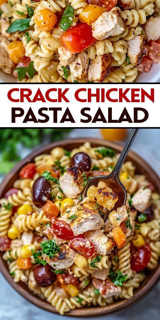 two pictures of pasta salad with chicken and tomatoes