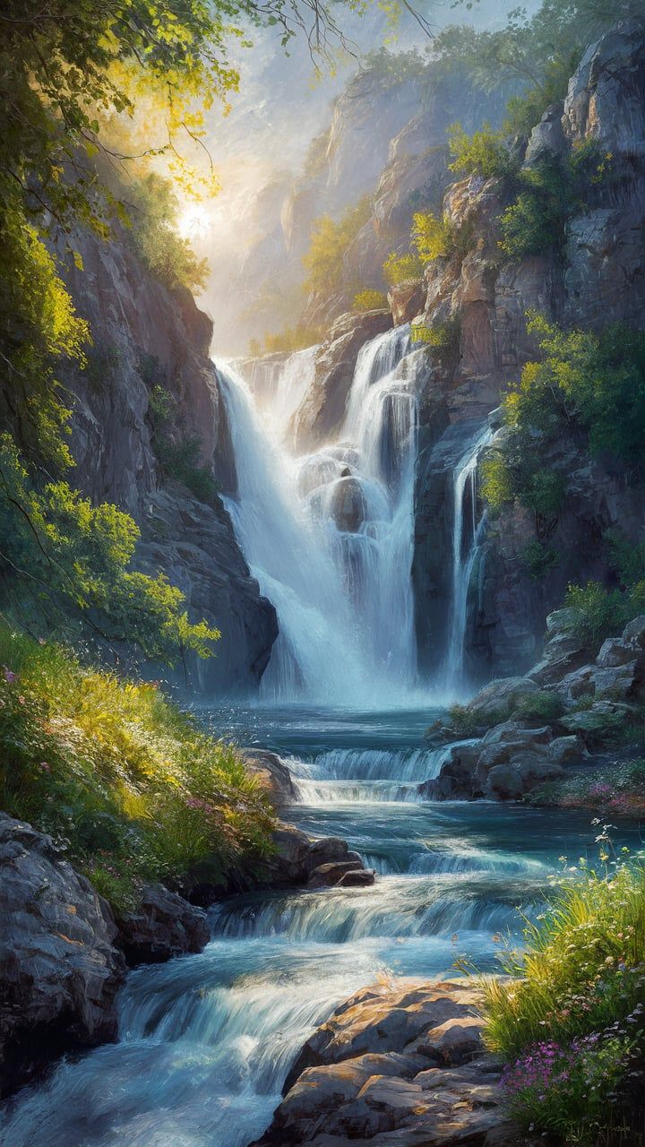 a painting of a waterfall in the woods