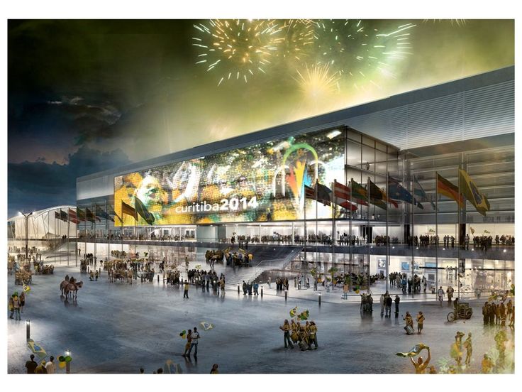 an artist's rendering of the exterior of a stadium with fireworks in the sky