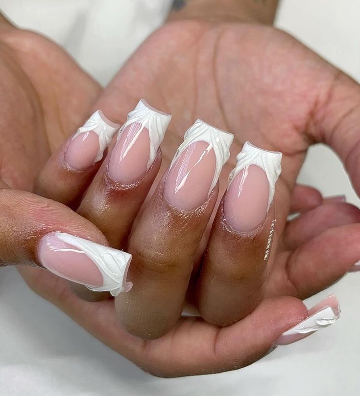 Acrylic French tips with 3D swirls 💕 PRICE: k650 Nails done by @transformation.beautystudio Pamper yourself by booking an appointment with us For bookings contact us on +260972022050 or book online by clicking link in bio #acrylic nails #lusakazambia #nails2inspire #nailcontentcreator #nailsonfleek #instagram #frenchtips #reels #dailynails #smallbusinessmarketing #transformationbeautystudio #frenchtips #ᴀᴜʀᴀɴᴀɪʟs 💅🏼 #smallbusiness #contentcreator #nailtutorials #nailporn #classy #followfo... French Nails With Swirls, Wavy French Tip Nails, 3d French Tip Nails, French Tip Swirl Nails, White French Nails, Acrylic French, New Nail Trends, White French Tip, French Nail Designs