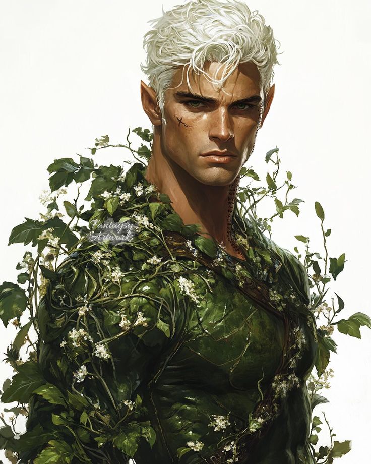 an image of a man with white hair and flowers on his chest, standing in front of