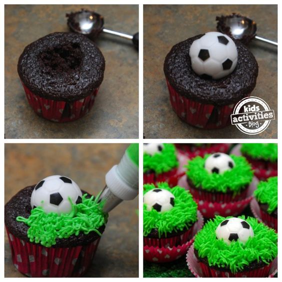 the cupcakes are decorated with soccer balls and green frosting, while the icing is sprinkled