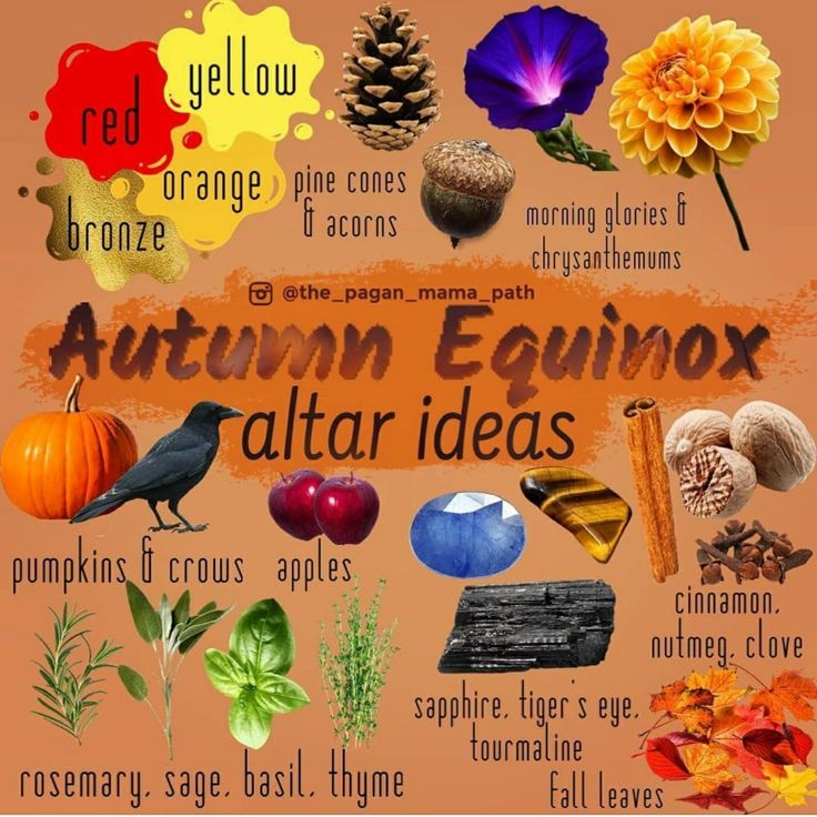 an autumn equinox altar ideas poster with the words orange, yellow and purple