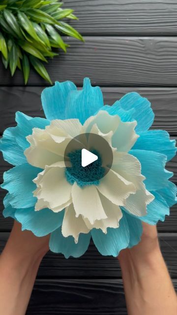 someone holding up a paper flower with blue and white petals