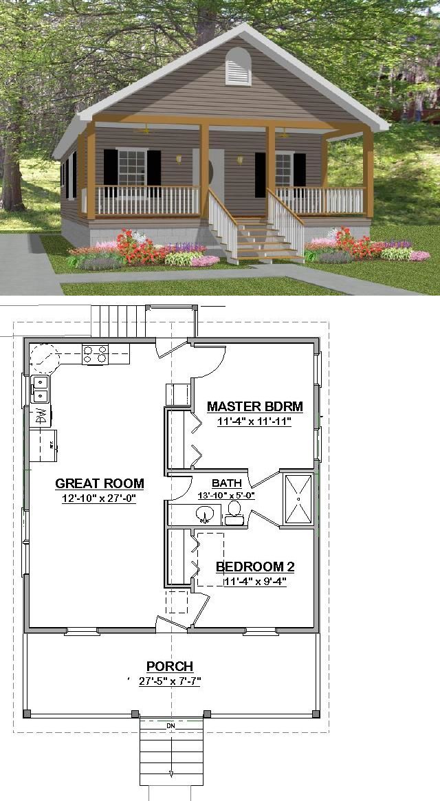 the small cabin house plan is shown in two different views, and has an ...