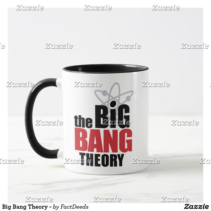 the big bang theory coffee mug is shown in black and white with red letters on it