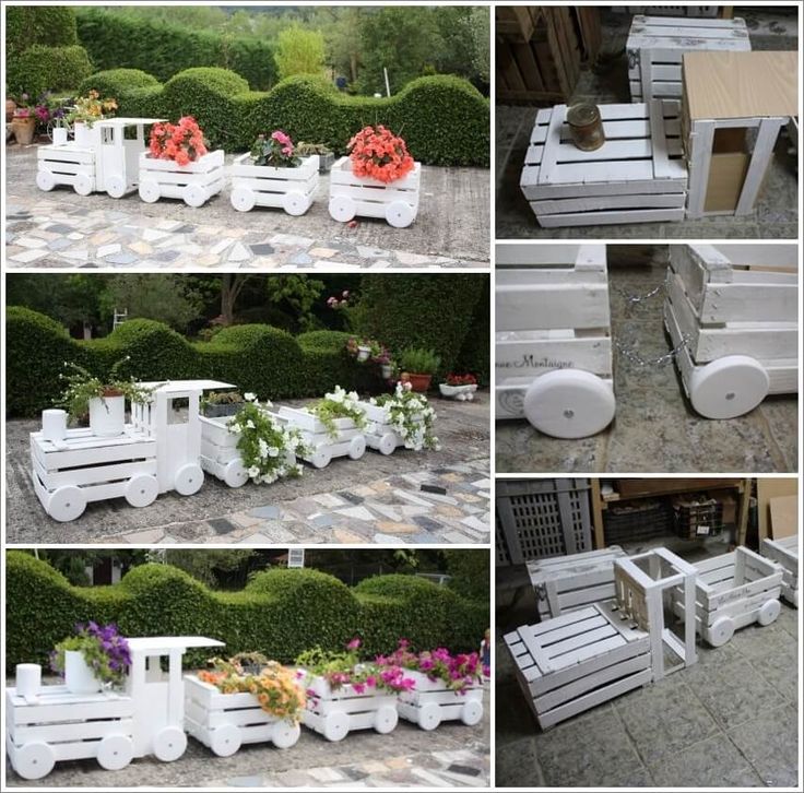 several pictures of different types of furniture made out of pallet wood and used as planters