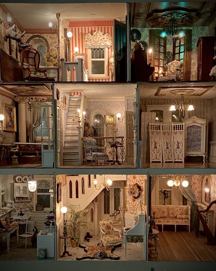 the inside of a doll house with stairs and furniture