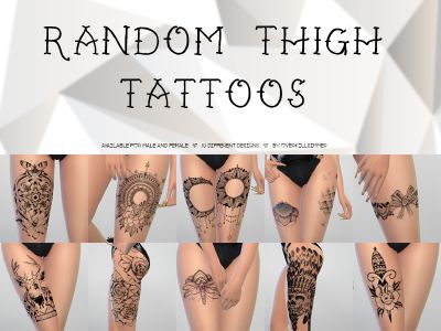 the cover of random thigh tattoos is shown in several different styles and colors, including black and white