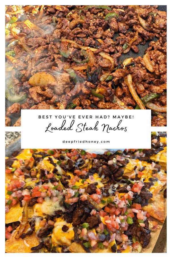 the food is being cooked and ready to be eaten in the oven with text overlay that reads best you've ever had maybe loaded steak nachos