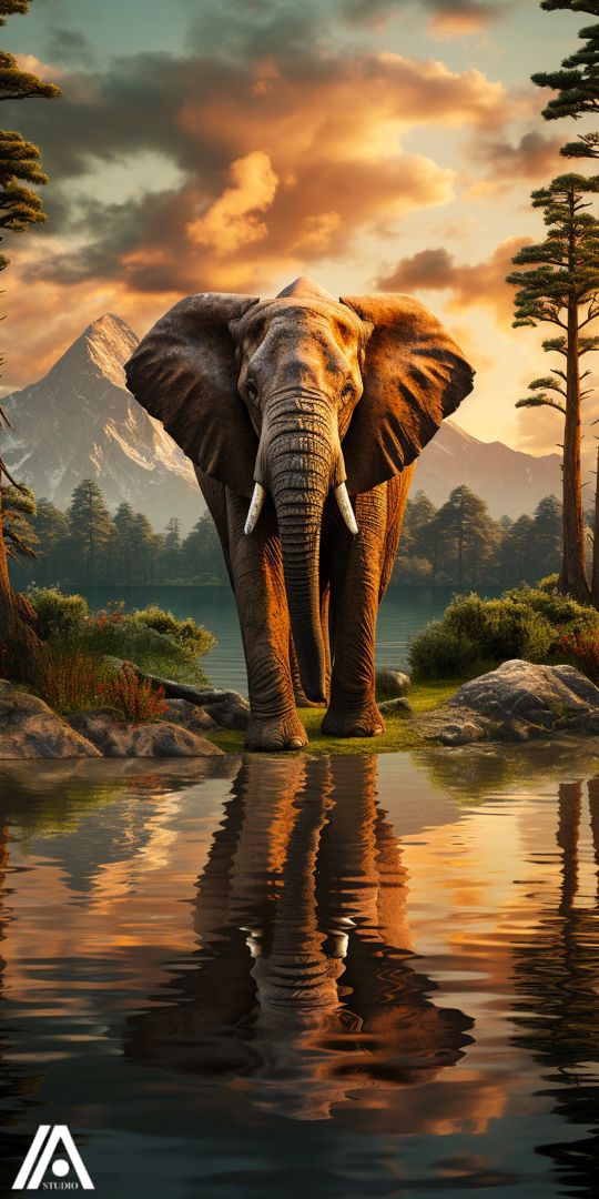 an elephant is standing in the water near some trees