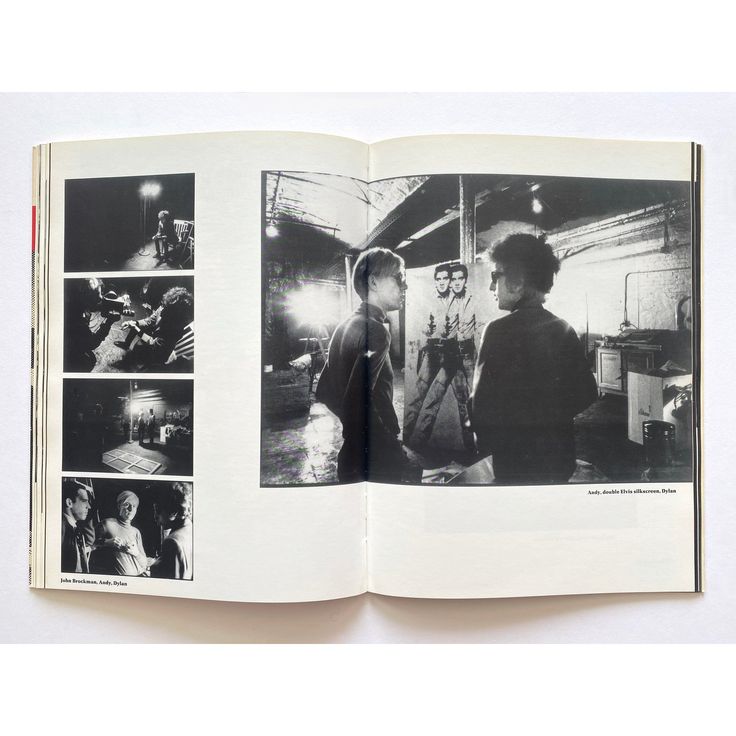 an open book with black and white photos on the pages, showing people talking to each other