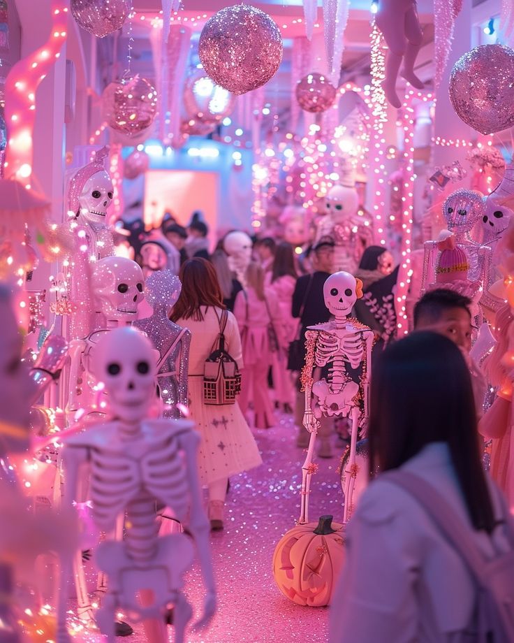 a group of people walking down a hallway covered in pink and white decorations with skeletons hanging from the ceiling