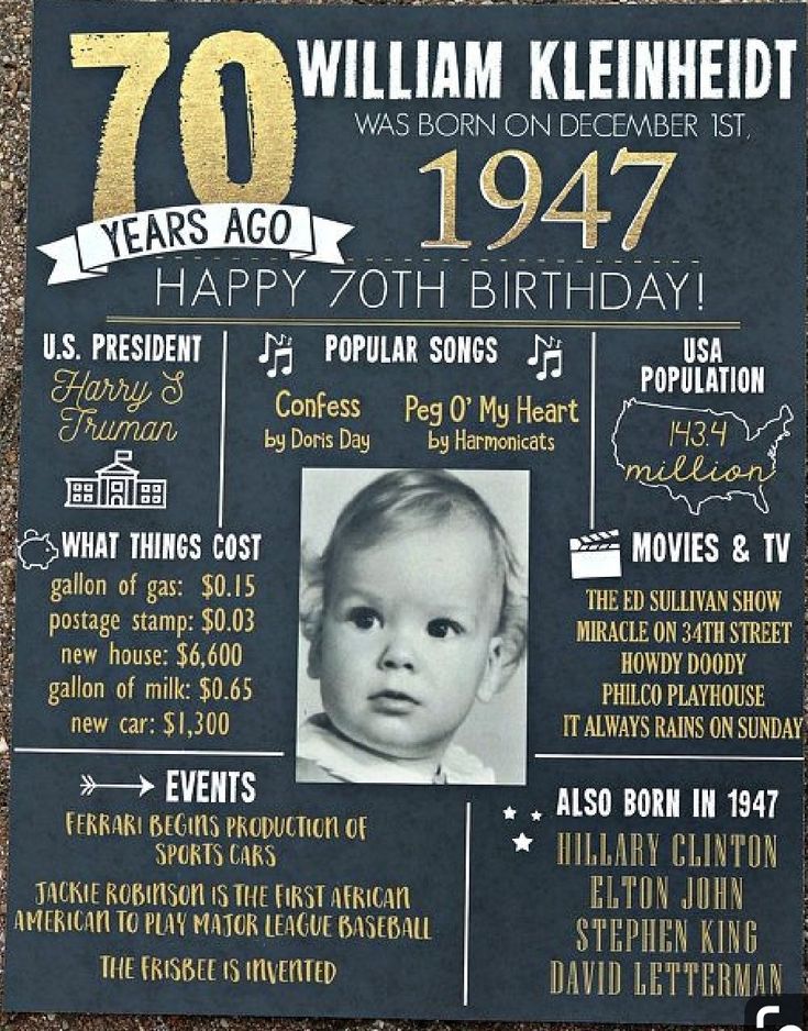 a black and gold 70th birthday card with an image of a baby's face