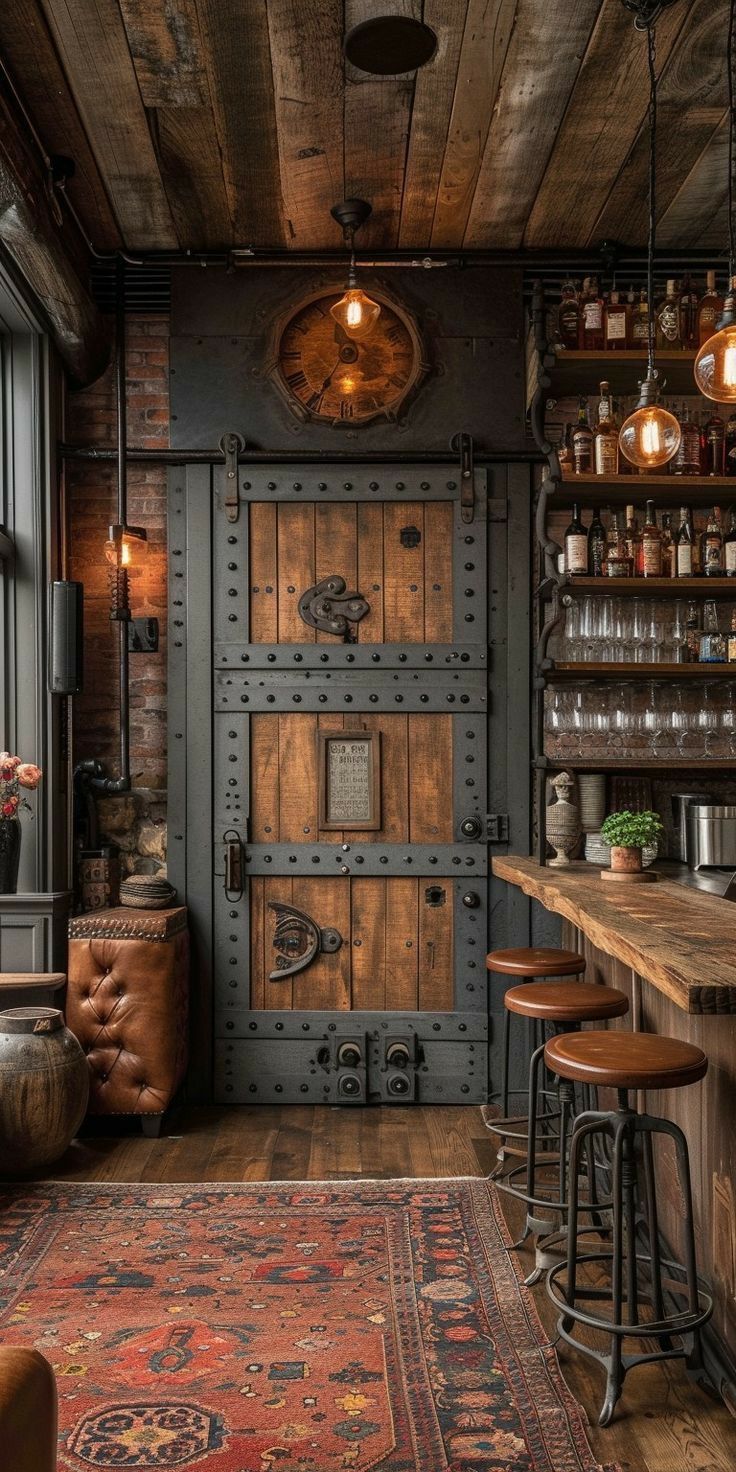 an old - fashioned bar is decorated in rustic style