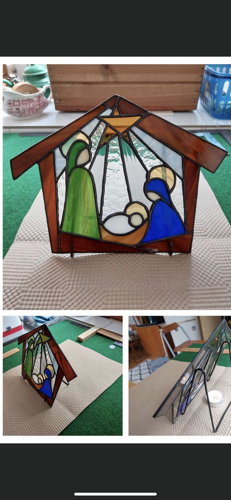 the stained glass nativity scene is displayed in three different angles, including one with a manger and another with a baby jesus