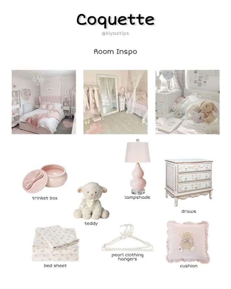 a white room with pink furniture and accessories on it's walls, including a teddy bear