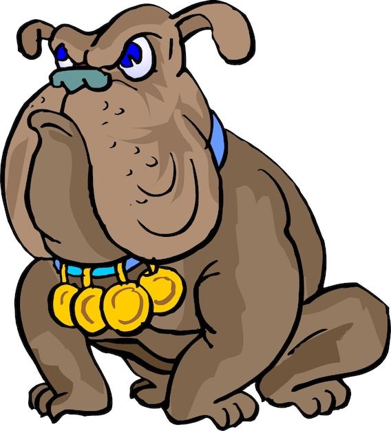 a cartoon dog sitting on the ground with his paw in his mouth and two gold coins around its neck