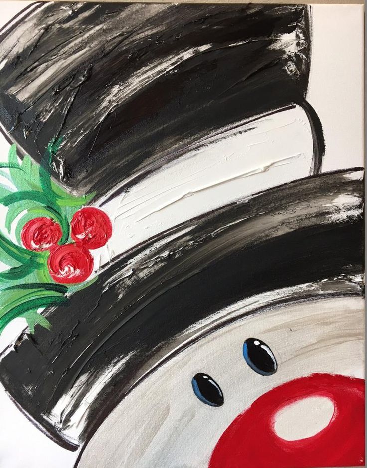 a painting of a snowman wearing a top hat with cherries on his head