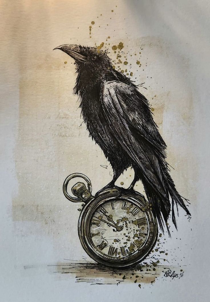 a drawing of a crow sitting on top of a pocket watch