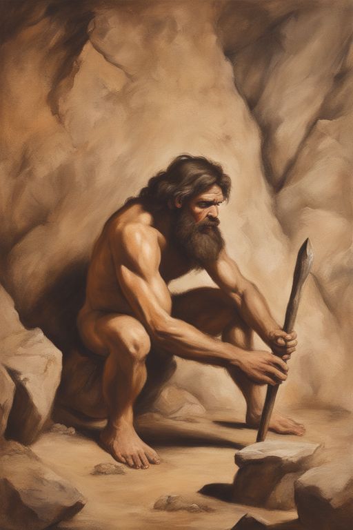 a painting of a man kneeling down holding a large ax in his hands and looking at the ground