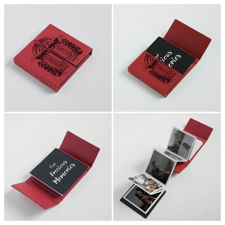 four different views of the inside of a red book with black and white images on it