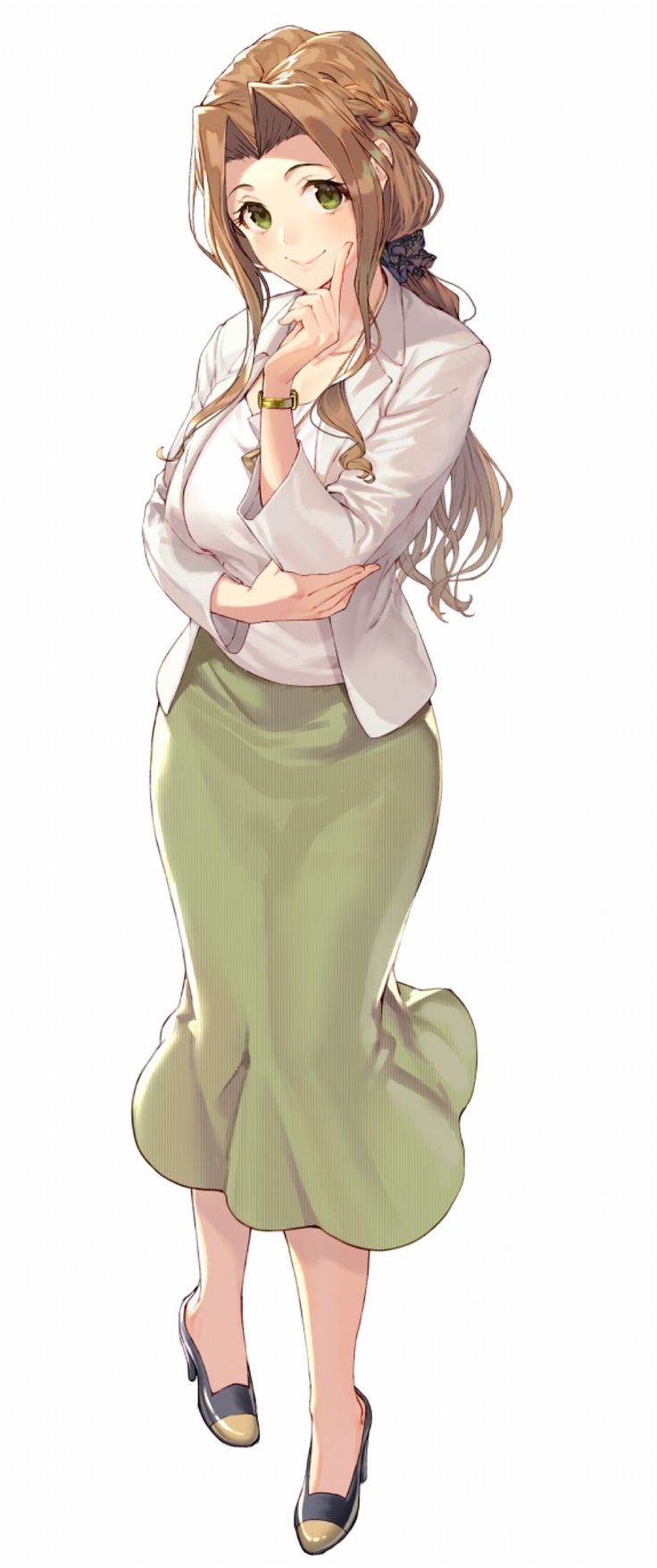 an anime character with long hair and green skirt