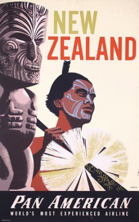 an advertisement for new zealand featuring a native man holding a fan and looking to his left