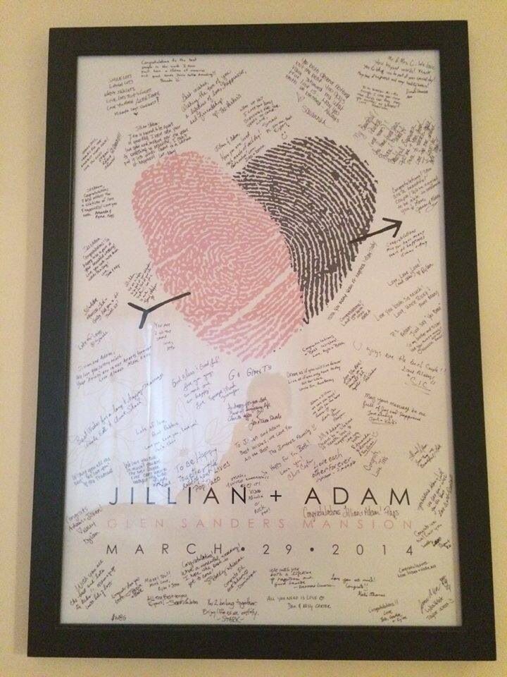 a couple of fingerprints on a wall next to a black framed sign that says, julian + adam