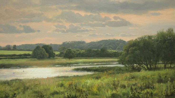 an oil painting of a river in the middle of a field with trees and grass