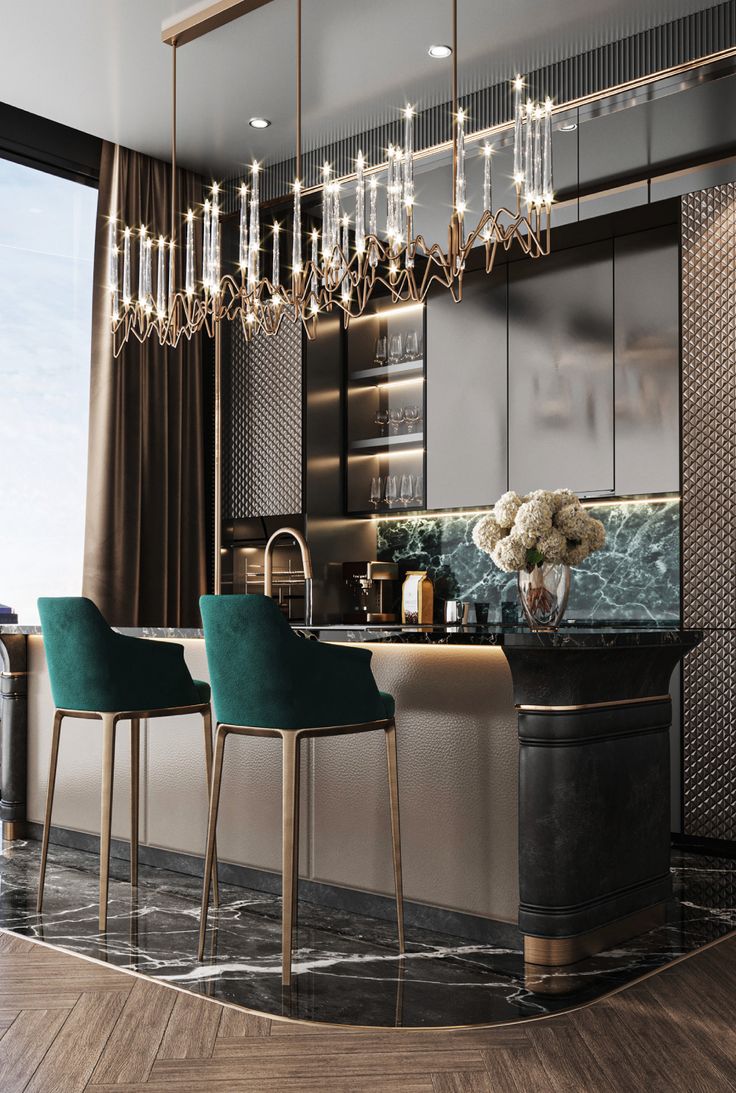 an elegant kitchen with chandelier and bar stools