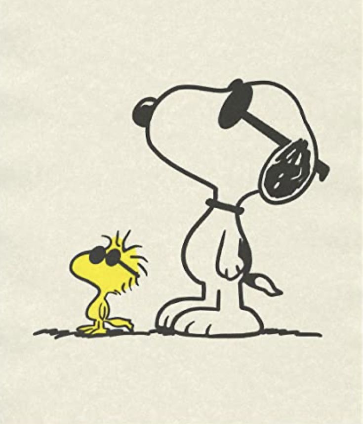 a drawing of a snoopy dog and a yellow bird on a white paper background