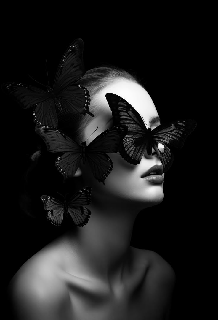 a black and white photo of a woman's face with butterflies on her head