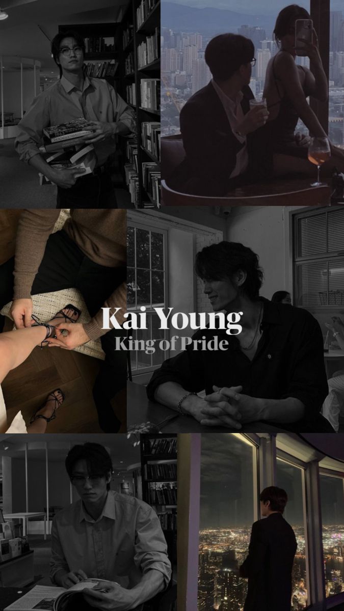 some people are sitting and standing in front of a window with the words kal young king of pride on it