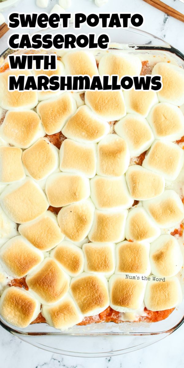 sweet potato casserole with marshmallows in a glass dish