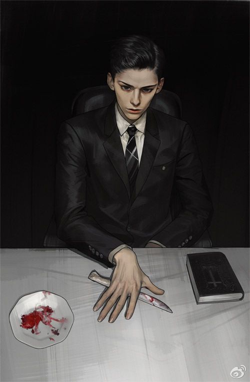 a painting of a man in a suit sitting at a table with knifes and blood