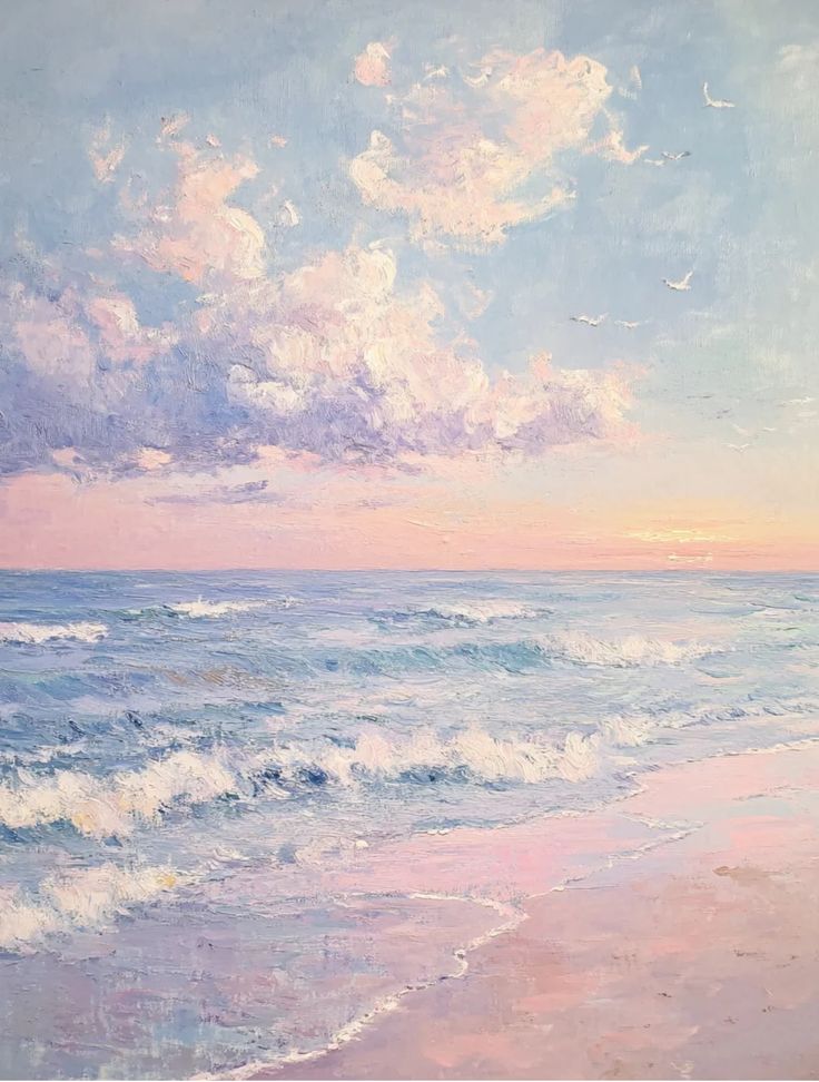 an oil painting of the ocean at sunset with clouds in the sky and waves crashing on the beach