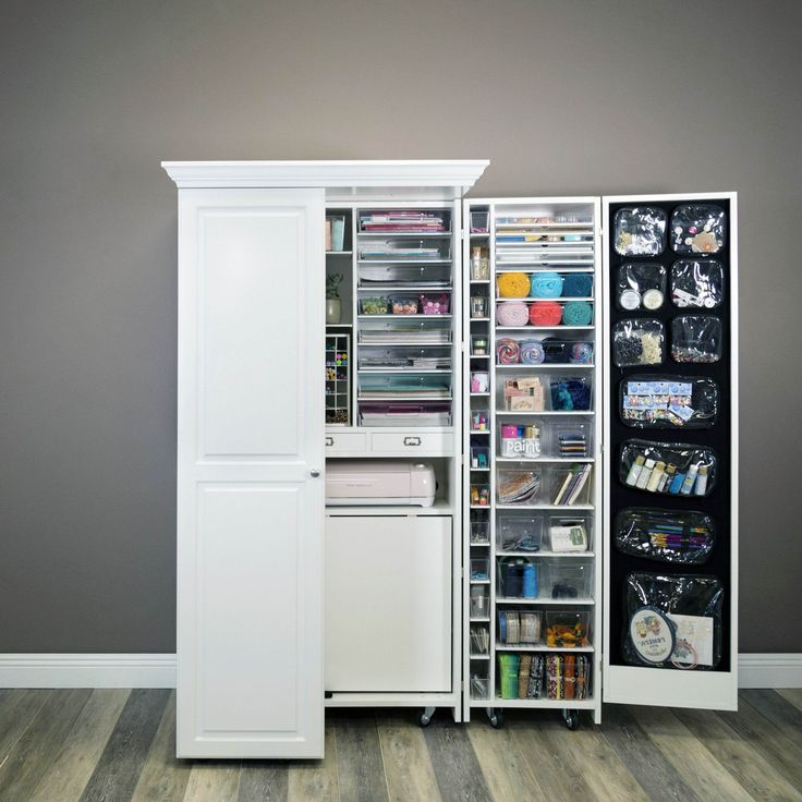 an organized pantry in the corner of a room with brown walls and wooden flooring