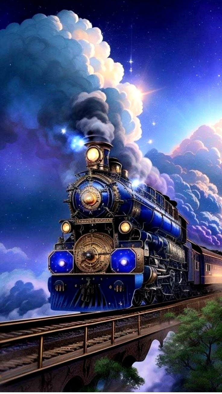 a painting of a train going down the tracks with clouds and stars in the sky