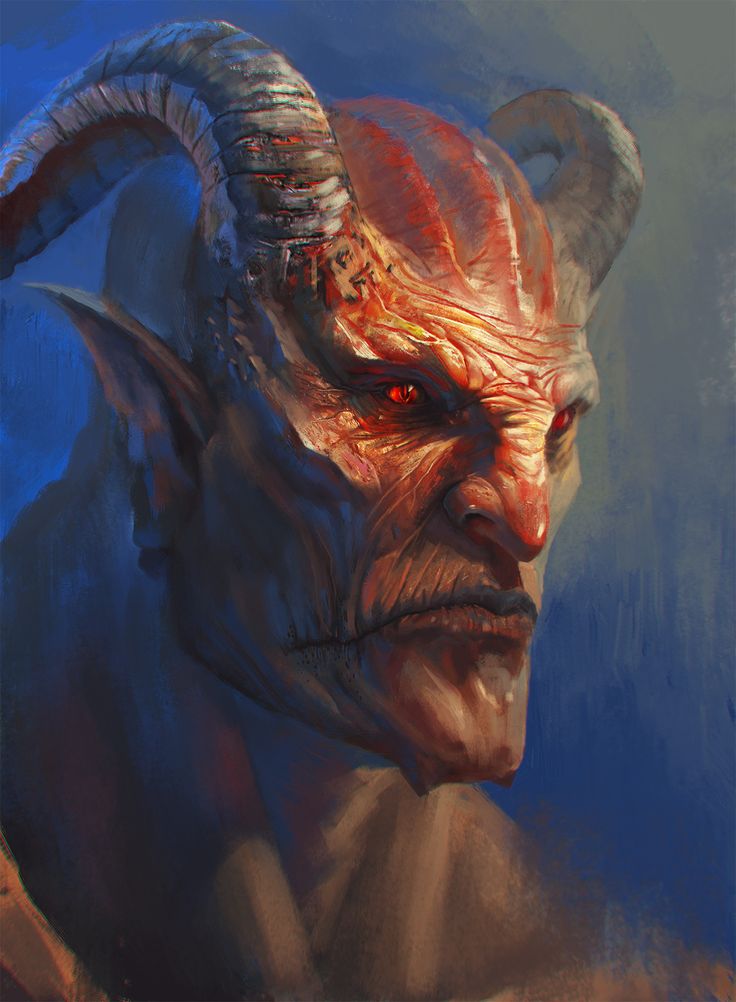 a painting of a demon with horns on it's head and red glowing eyes