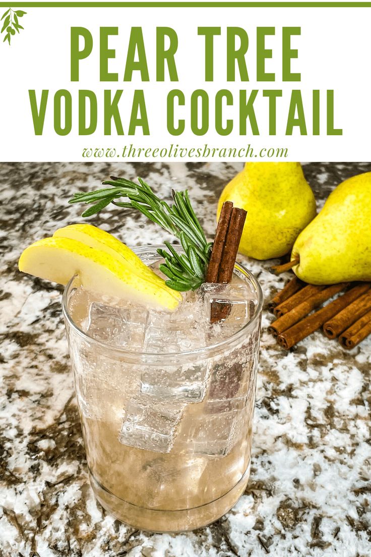 pear tree vodka cocktail with cinnamon and rosemary garnish