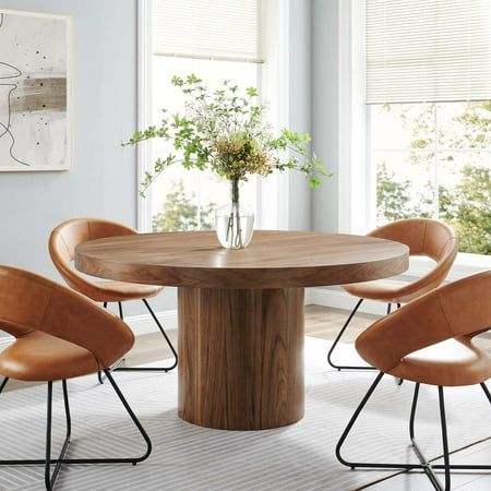 Embrace warm memories and genuine connection while gathered around the Gratify 60" Dining Table. Commanding a bold presence in your dining room, this round table features a sturdy MDF construction with beautiful wood grain veneer to complement its strikingly simplistic modern design. This 60" dining table comfortably accommodates up to 6 people. Includes non-marking foot pads to protect flooring. Assembly required. Weight Capacity: 330 lbs. Color: Brown. 60 Round Dining Table, Circle Dining Table, Genuine Connection, Dining Roo, Dining Table Gold, Round Dining Table Modern, Modern Kitchen Tables, Round Kitchen Table, Gold Dining