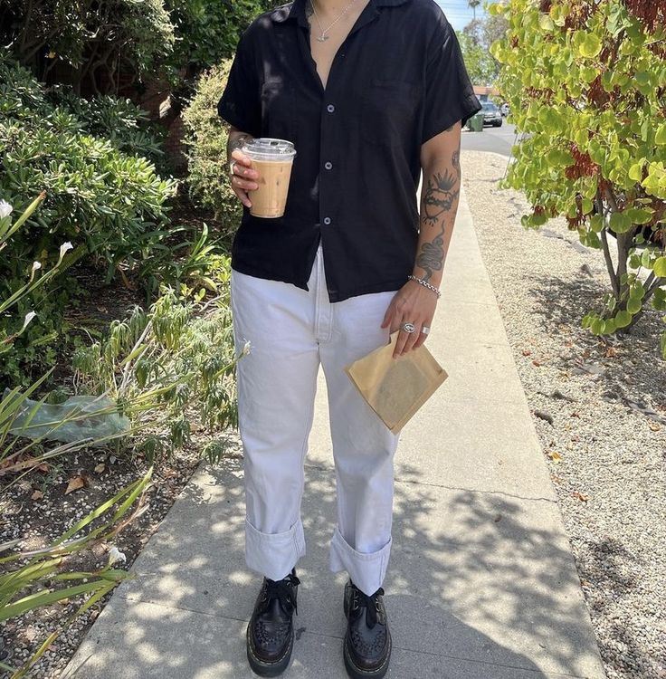 White Button Up Shirt Outfit Masc, Summer Cotton Button-up Pants, Summer Relaxed Fit Button-up Pants, Mens White Short Sleeve Button Up Outfit, Linen Pants Outfit Men, Nike Blazer Vintage, Tomboy Outfits Cute, Carpenter Pants Outfit, Mens White Button Up Short Sleeve