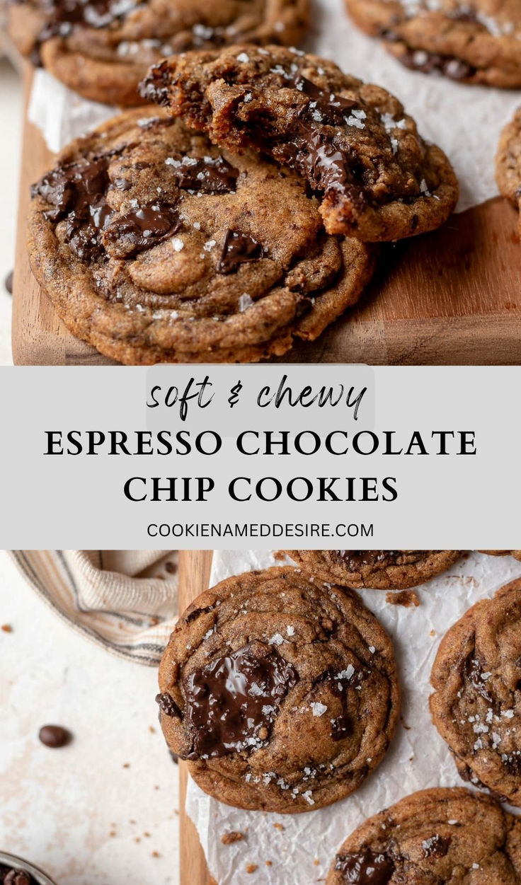 espresso chocolate chip cookies on tray with bite missing Espresso Chocolate Chip Cookies, Sweet Surrender, Homemade Chocolate Chip Cookies, Coffee Cookies, Desserts To Make, Baking Sweets, Homemade Chocolate, Eat Dessert, Sweets Treats